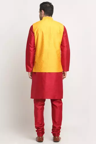 Men Silk Maroon Kurta Churidar With Yellow Polka Dotted Nehru Jacket Set