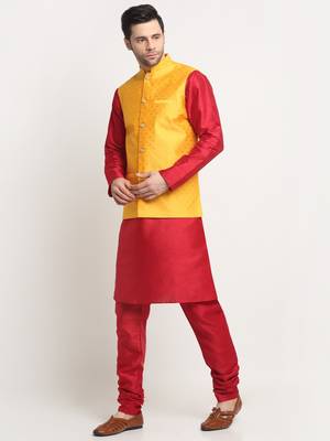 Men Silk Maroon Kurta Churidar With Yellow Polka Dotted Nehru Jacket Set 4