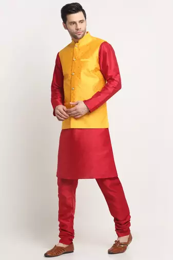 Men Silk Maroon Kurta Churidar With Yellow Polka Dotted Nehru Jacket Set