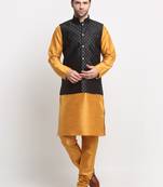 Men Silk Mustard Kurta Churidar With Black Polka Dotted Nehru Jacket Set