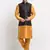 Men Silk Mustard Kurta Churidar With Black Polka Dotted Nehru Jacket Set