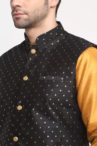 Men Silk Mustard Kurta Churidar With Black Polka Dotted Nehru Jacket Set