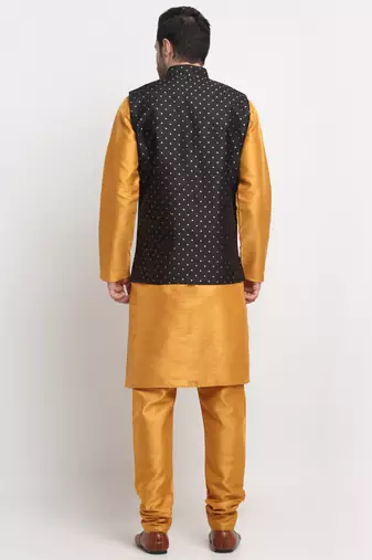 Men Silk Mustard Kurta Churidar With Black Polka Dotted Nehru Jacket Set