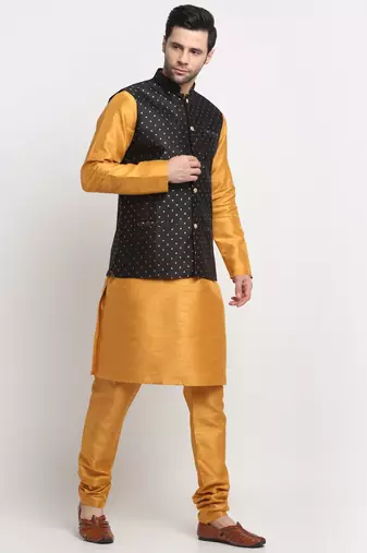 Men Silk Mustard Kurta Churidar With Black Polka Dotted Nehru Jacket Set