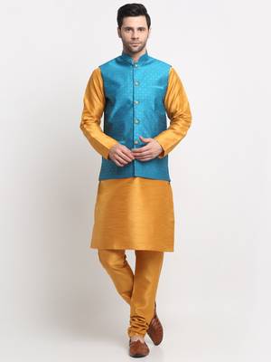 Men Silk Mustard Kurta Churidar With Blue Polka Dotted Nehru Jacket Set 1