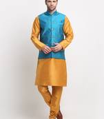 Men Silk Mustard Kurta Churidar With Blue Polka Dotted Nehru Jacket Set