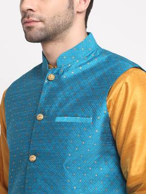 Men Silk Mustard Kurta Churidar With Blue Polka Dotted Nehru Jacket Set 2