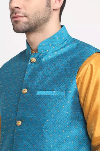 Men Silk Mustard Kurta Churidar With Blue Polka Dotted Nehru Jacket Set
