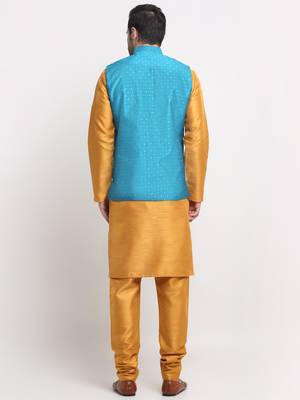 Men Silk Mustard Kurta Churidar With Blue Polka Dotted Nehru Jacket Set 3