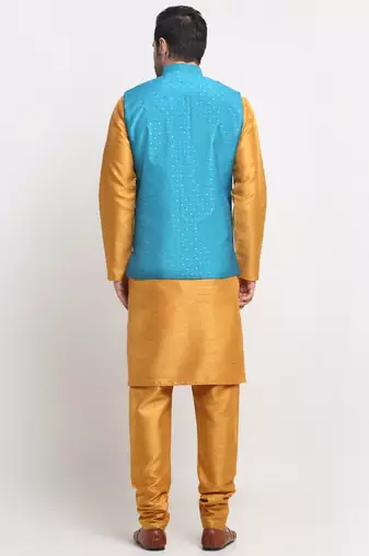 Men Silk Mustard Kurta Churidar With Blue Polka Dotted Nehru Jacket Set