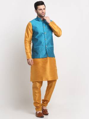 Men Silk Mustard Kurta Churidar With Blue Polka Dotted Nehru Jacket Set 4