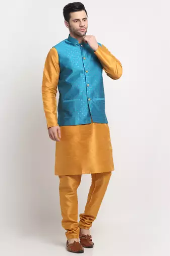 Men Silk Mustard Kurta Churidar With Blue Polka Dotted Nehru Jacket Set