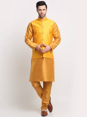 Men Silk Mustard Kurta Churidar With Yellow Polka Dotted Nehru Jacket Set 1