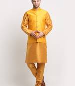Men Silk Mustard Kurta Churidar With Yellow Polka Dotted Nehru Jacket Set