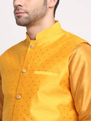 Men Silk Mustard Kurta Churidar With Yellow Polka Dotted Nehru Jacket Set 2