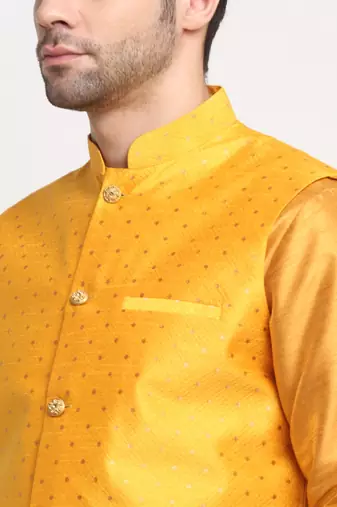 Men Silk Mustard Kurta Churidar With Yellow Polka Dotted Nehru Jacket Set