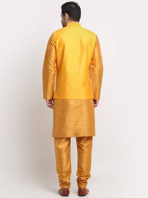 Men Silk Mustard Kurta Churidar With Yellow Polka Dotted Nehru Jacket Set 3