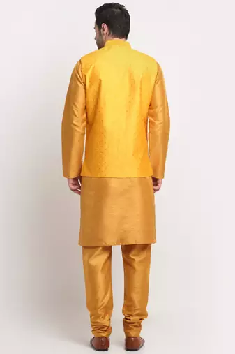 Men Silk Mustard Kurta Churidar With Yellow Polka Dotted Nehru Jacket Set