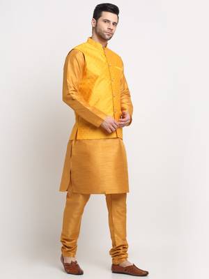 Men Silk Mustard Kurta Churidar With Yellow Polka Dotted Nehru Jacket Set 4