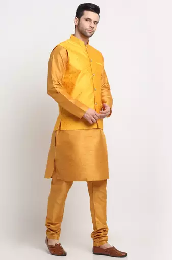 Men Silk Mustard Kurta Churidar With Yellow Polka Dotted Nehru Jacket Set