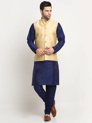 Men Silk Navy Blue Kurta Churidar With Beige Polka Dotted Nehru Jacket Set 1