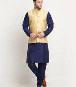 Men Silk Navy Blue Kurta Churidar With Beige Polka Dotted Nehru Jacket Set
