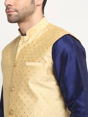 Men Silk Navy Blue Kurta Churidar With Beige Polka Dotted Nehru Jacket Set 2