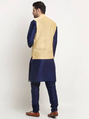 Men Silk Navy Blue Kurta Churidar With Beige Polka Dotted Nehru Jacket Set 3