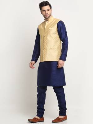 Men Silk Navy Blue Kurta Churidar With Beige Polka Dotted Nehru Jacket Set 4