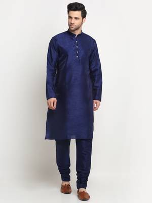 Men Silk Navy Blue Kurta Churidar With Beige Polka Dotted Nehru Jacket Set 5