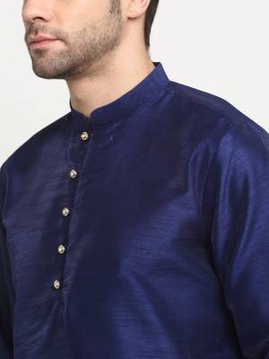 Men Silk Navy Blue Kurta Churidar With Beige Polka Dotted Nehru Jacket Set 6