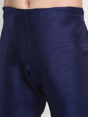 Men Silk Navy Blue Kurta Churidar With Beige Polka Dotted Nehru Jacket Set 7