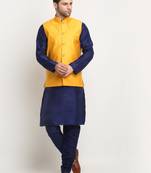 Men Silk Navy Blue Kurta Churidar With Yellow Polka Dotted Nehru Jacket Set