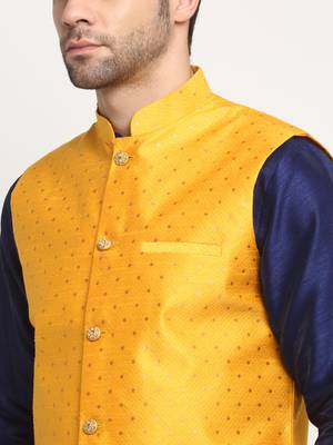 Men Silk Navy Blue Kurta Churidar With Yellow Polka Dotted Nehru Jacket Set 2