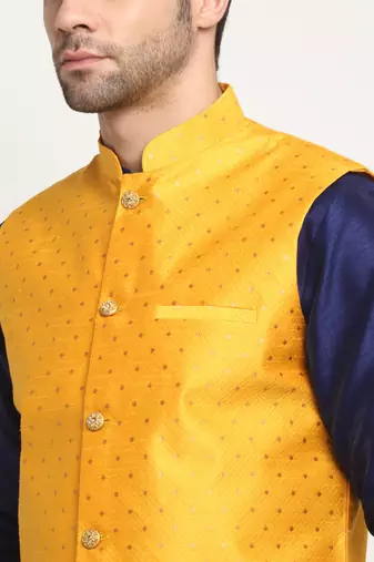 Men Silk Navy Blue Kurta Churidar With Yellow Polka Dotted Nehru Jacket Set