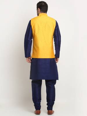 Men Silk Navy Blue Kurta Churidar With Yellow Polka Dotted Nehru Jacket Set 3
