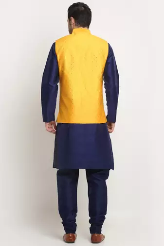 Men Silk Navy Blue Kurta Churidar With Yellow Polka Dotted Nehru Jacket Set