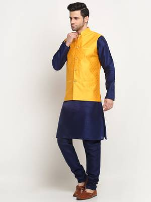 Men Silk Navy Blue Kurta Churidar With Yellow Polka Dotted Nehru Jacket Set 4