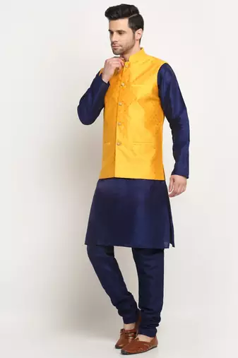 Men Silk Navy Blue Kurta Churidar With Yellow Polka Dotted Nehru Jacket Set