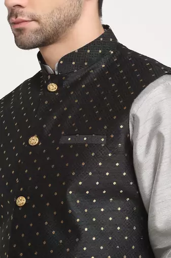 Men Silk Silver Kurta Churidar With Black Polka Dotted Nehru Jacket Set