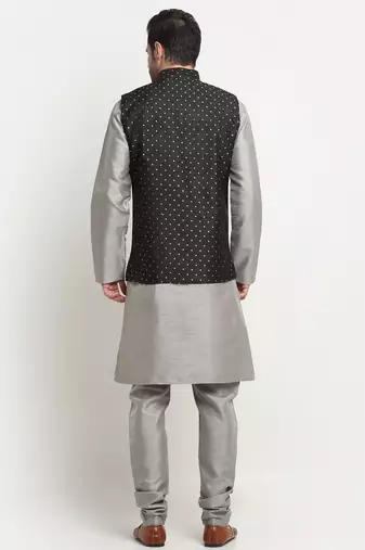Men Silk Silver Kurta Churidar With Black Polka Dotted Nehru Jacket Set