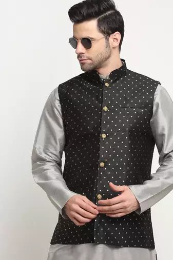 Men Silk Silver Kurta Churidar With Black Polka Dotted Nehru Jacket Set