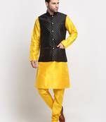 Men Silk Yellow Kurta Churidar With Black Polka Dotted Nehru Jacket Set