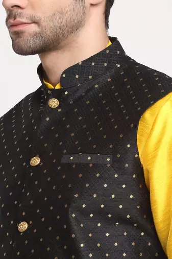 Men Silk Yellow Kurta Churidar With Black Polka Dotted Nehru Jacket Set
