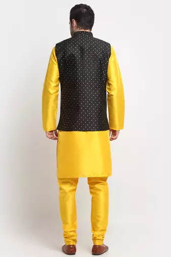 Men Silk Yellow Kurta Churidar With Black Polka Dotted Nehru Jacket Set