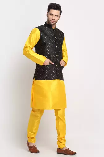Men Silk Yellow Kurta Churidar With Black Polka Dotted Nehru Jacket Set
