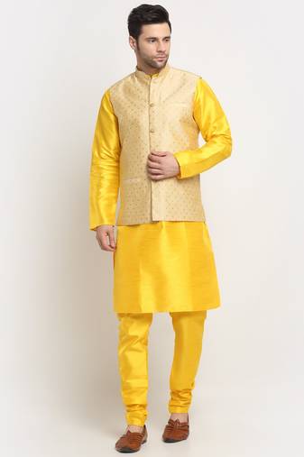 Men Silk Yellow Kurta Churidar With Beige Polka Dotted Nehru Jacket Set