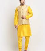 Men Silk Yellow Kurta Churidar With Beige Polka Dotted Nehru Jacket Set