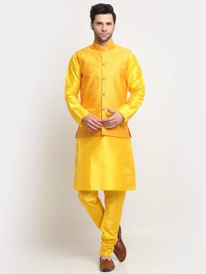 Men Silk Yellow Kurta Churidar With Yellow Polka Dotted Nehru Jacket Set 1