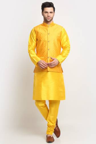 Men Silk Yellow Kurta Churidar With Yellow Polka Dotted Nehru Jacket Set